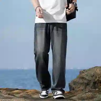 吉肯蒂 美式潮牌复古高街宽松阔腿直筒休闲牛仔裤 男款
