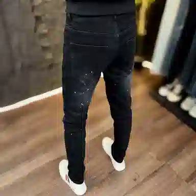 吉肯蒂 秋冬厚款抓绒男士修身小脚牛仔裤弹力破洞长裤 男款