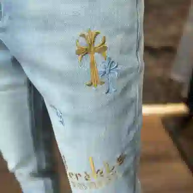 吉肯蒂 潮流刺绣水洗修身弹力小脚牛仔裤 男款