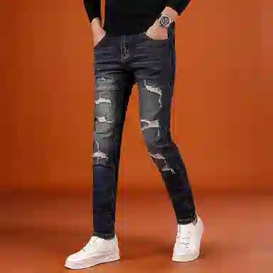 吉肯蒂 破洞男士款美式高端潮牌弹力修身小脚裤牛仔裤 男款