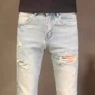 吉肯蒂 高端水洗浅色破洞牛仔裤男秋冬弹力修身小脚设计感潮牌长裤 男款