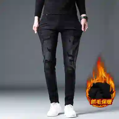 吉肯蒂 秋冬款潮牌男裤修身显高弹力小脚裤休闲男长裤牛仔裤 男款