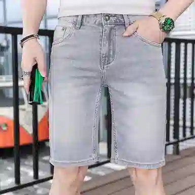 吉肯蒂 薄款浅灰色弹力男士轻奢高端中裤牛仔短裤 男款