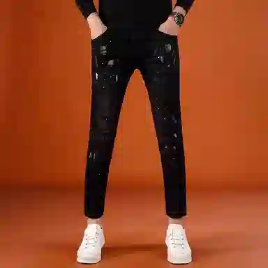 吉肯蒂 潮牌男士韩版破洞补丁男裤秋季款小脚裤牛仔裤 男款