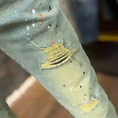 吉肯蒂 夏薄款复古九分破洞男弹力修身潮牌喷漆补丁休闲紧身小脚裤牛仔裤 男款