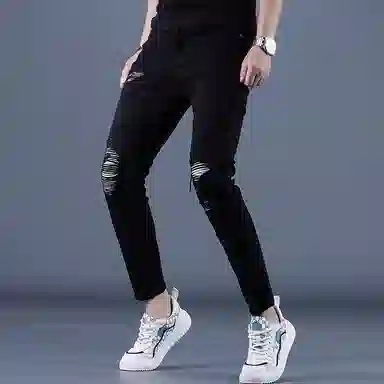 吉肯蒂 破洞九分裤修身韩版休闲牛仔裤 男款