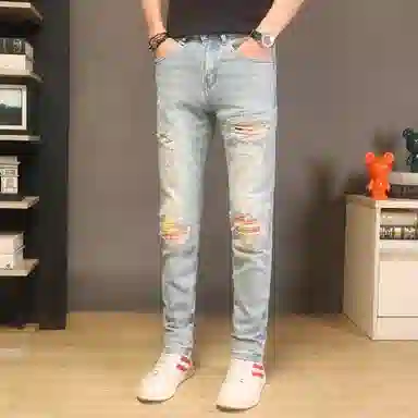 吉肯蒂 高端水洗浅色破洞牛仔裤男秋冬弹力修身小脚设计感潮牌长裤 男款