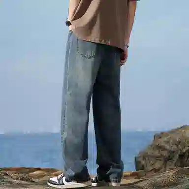 吉肯蒂 美式潮牌复古高街宽松阔腿直筒休闲牛仔裤 男款
