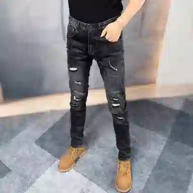 吉肯蒂 秋冬破洞牛仔裤男士欧版修身小脚裤加绒弹力长裤 男款