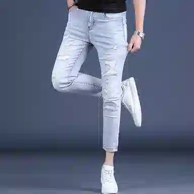 吉肯蒂 舒适修身舒适柔软亲肤束脚裤浅色牛仔裤 男款 浅蓝色九分裤