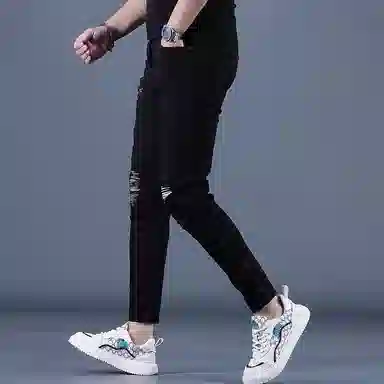 吉肯蒂 破洞九分裤修身韩版休闲牛仔裤 男款