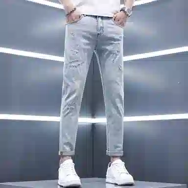 吉肯蒂 薄款修身百搭破洞裤子牛仔裤 男款