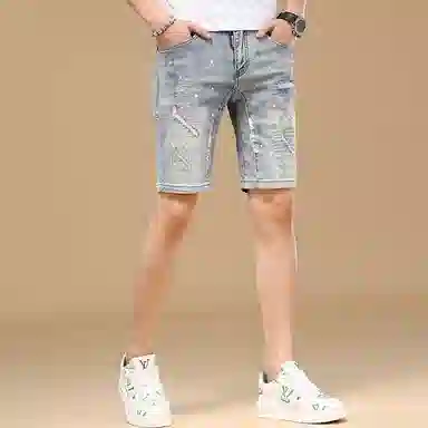 吉肯蒂 欧货破洞牛仔短裤男弹力夏季薄款潮牌刺绣韩版修身五分裤 男款