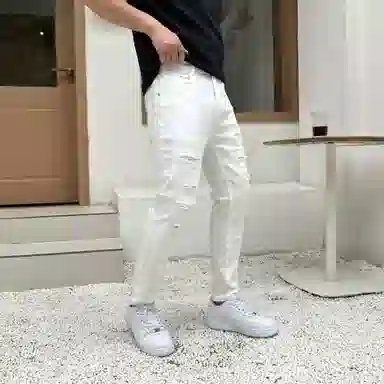 吉肯蒂 破洞补丁牛仔裤男士春夏潮流百搭烫钻韩版薄款九分裤 男款