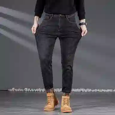 吉肯蒂 高端秋冬季加绒牛仔裤男高弹修身小脚显瘦韩版长裤 男款