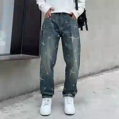 吉肯蒂 高端美式复古星光印花牛仔裤男春秋潮牌宽松直筒长裤 男款