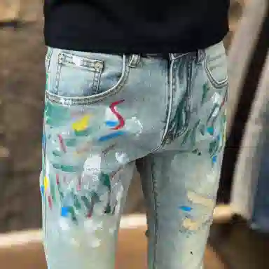 吉肯蒂 个性小脚裤修身九分潮流印花复古破洞弹力牛仔裤 男款