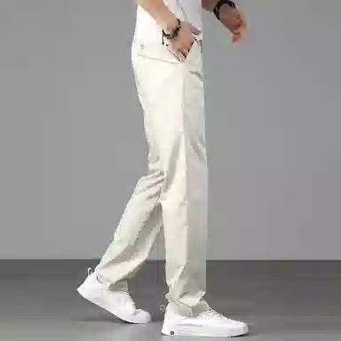 吉肯蒂 高端白色冰丝夏季薄款直筒裤子浅色西裤米白色商务男裤休闲裤 男款