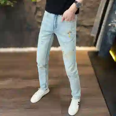 吉肯蒂 潮流刺绣水洗修身弹力小脚牛仔裤 男款