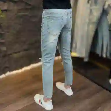 吉肯蒂 夏季薄款欧版男牛仔裤子破洞乞丐裤浅色修身弹力九分 男款