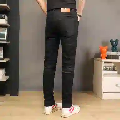 吉肯蒂 高端秋冬做旧牛仔裤男复古修身小脚裤潮流百搭九分薄绒长裤 男款