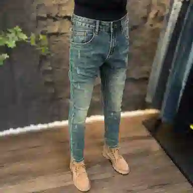 吉肯蒂 复古潮流牛仔裤男士时尚休闲百搭水洗修身弹力小脚裤子九分长裤 男款