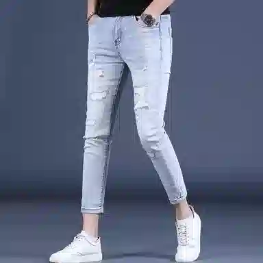 吉肯蒂 舒适修身舒适柔软亲肤束脚裤浅色牛仔裤 男款 浅蓝色九分裤