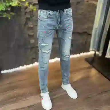 吉肯蒂 裤子潮流复古百搭破洞泼墨修身小脚裤弹力牛仔裤 男款