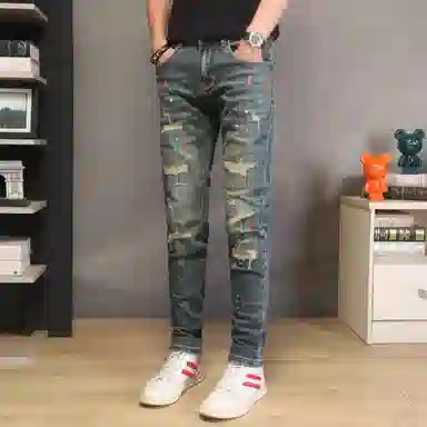 吉肯蒂 秋冬高端破洞裤男修身小脚裤漆点复古弹力时尚百搭牛仔裤 男款