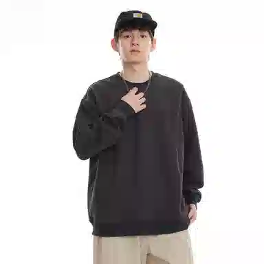 吉肯蒂 潮牌圆领卫衣明线设计潮流宽松纯色街头百搭休闲上衣 男款