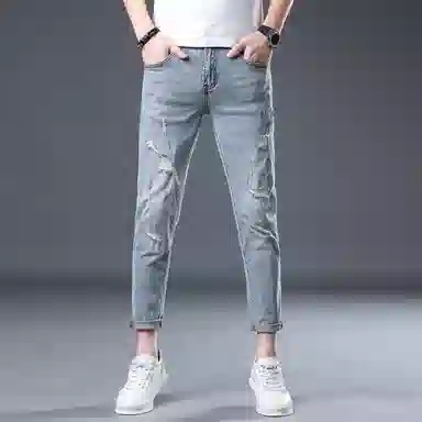 吉肯蒂 破洞牛仔裤高端修身小脚长裤 男款