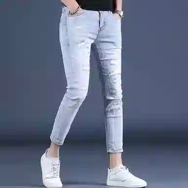 吉肯蒂 舒适修身舒适柔软亲肤束脚裤浅色牛仔裤 男款 浅蓝色九分裤