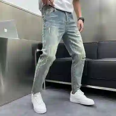 吉肯蒂 潮牌韩版破洞做旧破洞高街时尚九分裤牛仔裤 男款