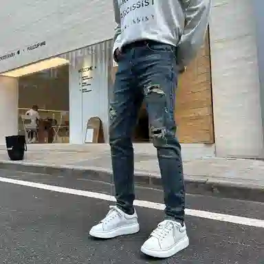 吉肯蒂 高街复古秋冬破洞彩绘牛仔裤男水洗弹力修身小脚裤长裤 男款