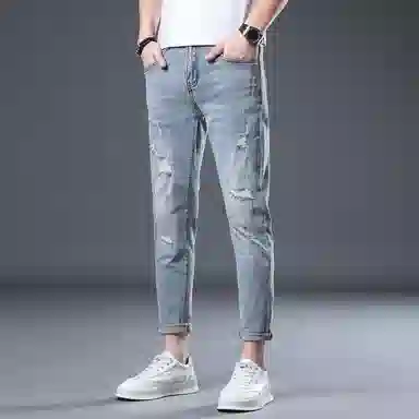 吉肯蒂 破洞牛仔裤高端修身小脚长裤 男款