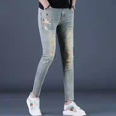 吉肯蒂 高端破洞印花九分裤修身小脚弹力紧身裤子牛仔裤 男款
