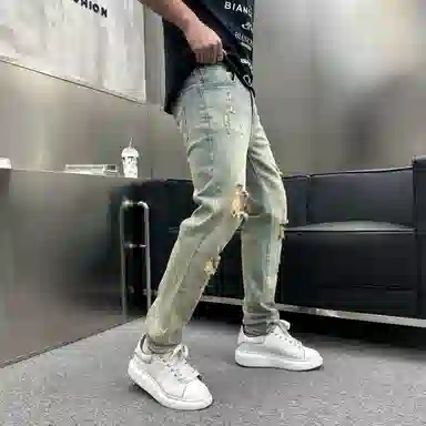 吉肯蒂 膝盖刮烂破洞潮牌薄款长裤牛仔裤 男款