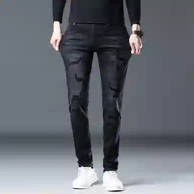 吉肯蒂 秋冬款潮牌男裤修身显高弹力小脚裤休闲男长裤牛仔裤 男款