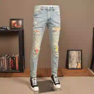 吉肯蒂 秋冬复古浅色破洞牛仔裤弹力修身小脚刮烂补丁长裤 男款