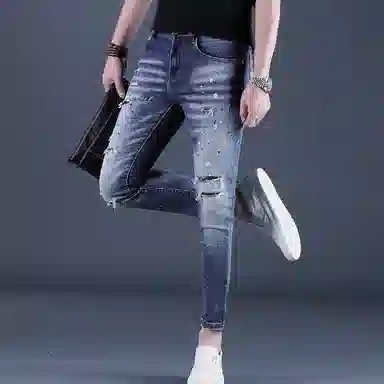 吉肯蒂 高端男潮牌修身时尚小脚弹力休闲百搭九分裤男牛仔裤 男款