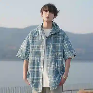 吉肯蒂 格子连帽潮牌痞帅时尚轻松简约短袖衬衫 男款