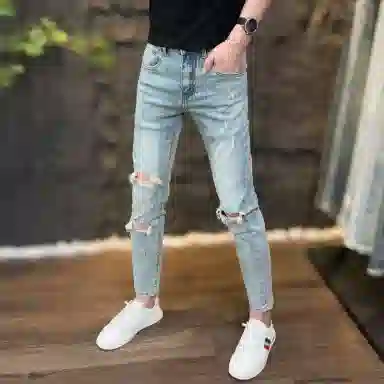 吉肯蒂 夏季薄款欧版男牛仔裤子破洞乞丐裤浅色修身弹力九分 男款