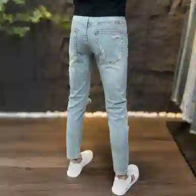 吉肯蒂 夏季薄款欧版男牛仔裤子破洞乞丐裤浅色修身弹力九分 男款