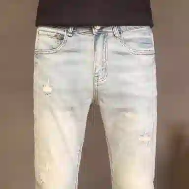 吉肯蒂 高端薄款破洞裤九分裤裤子潮流补丁浅色修身小脚裤牛仔裤 男款