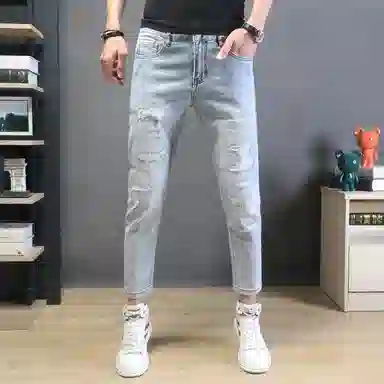 吉肯蒂 高端浅色九分裤子潮牌破洞男士牛仔裤 男款