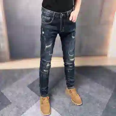 吉肯蒂 秋冬破洞牛仔裤男士欧版修身小脚裤加绒弹力长裤 男款