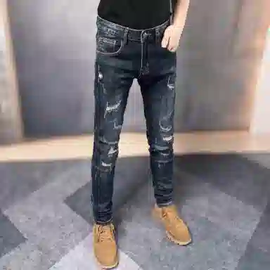 吉肯蒂 秋冬破洞牛仔裤男士欧版修身小脚裤加绒弹力长裤 男款