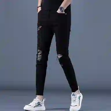 吉肯蒂 破洞九分裤修身韩版休闲牛仔裤 男款