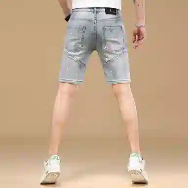 吉肯蒂 欧货破洞牛仔短裤男弹力夏季薄款潮牌刺绣韩版修身五分裤 男款
