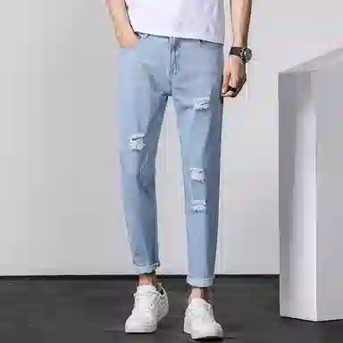 吉肯蒂 夏季薄款潮牌宽松小脚休闲破洞九分牛仔裤 男款